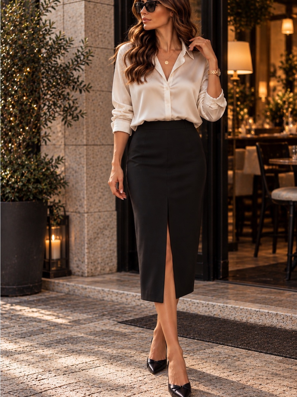 Black Satin Pencil Skirt with Front Slit